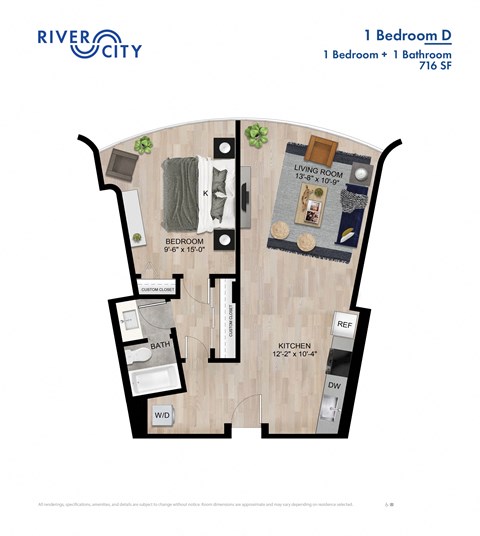 Floor plan for 1 bed, 1 bath, 716 sqft